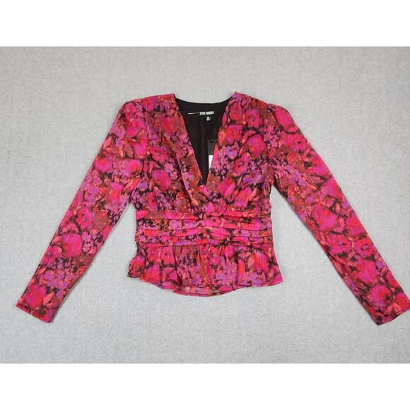 NWT Steve Madden Top Womens Size Medium Azura Sheer Fuchsia V Neck Long Sleeve - Picture 5 of 16